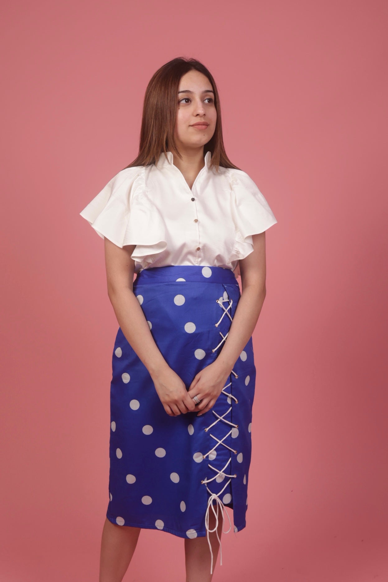 Blue Polka Skirt with Ruffle White Top