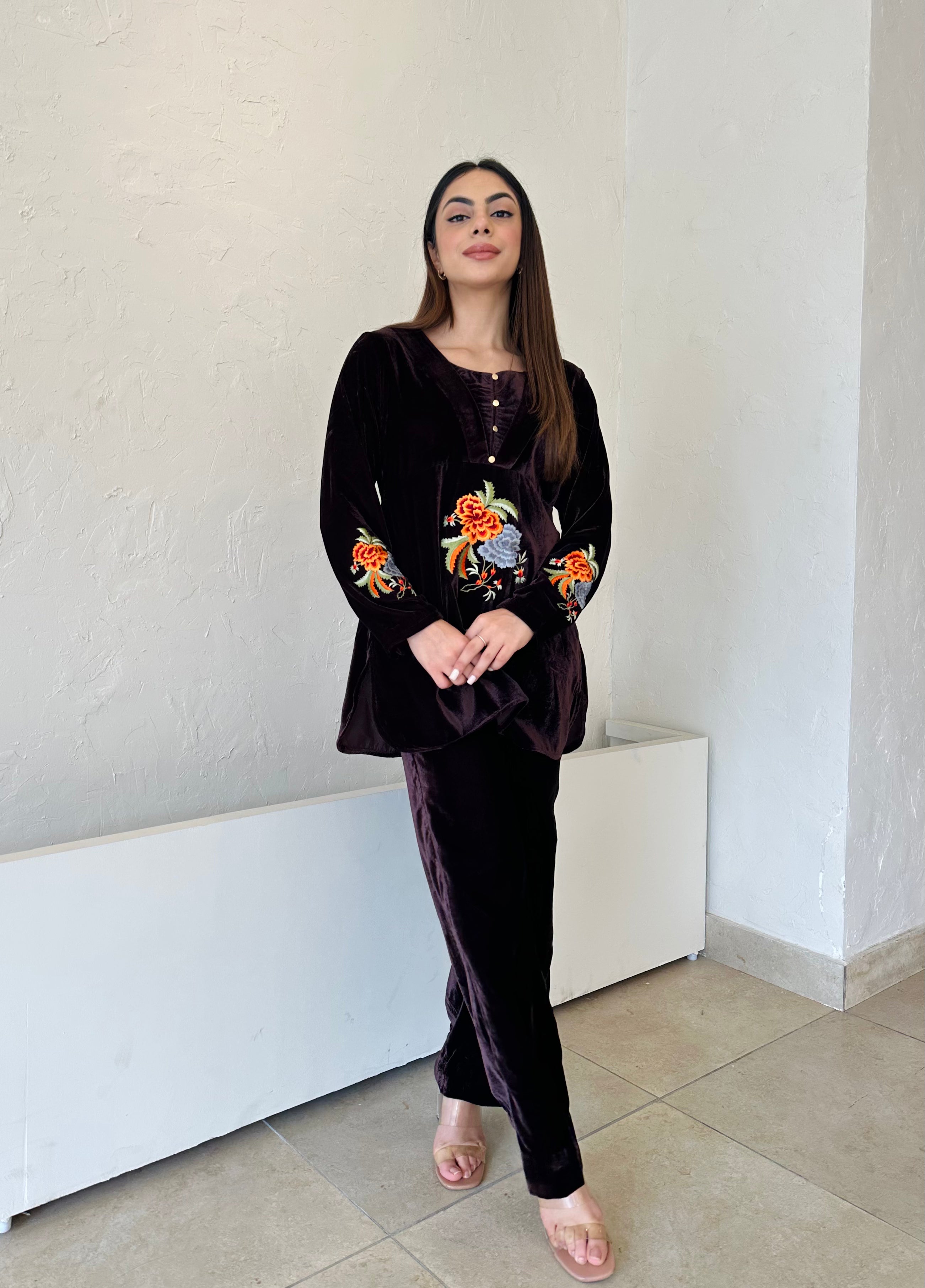 Brown Embroidered Velvet Fusion Set
