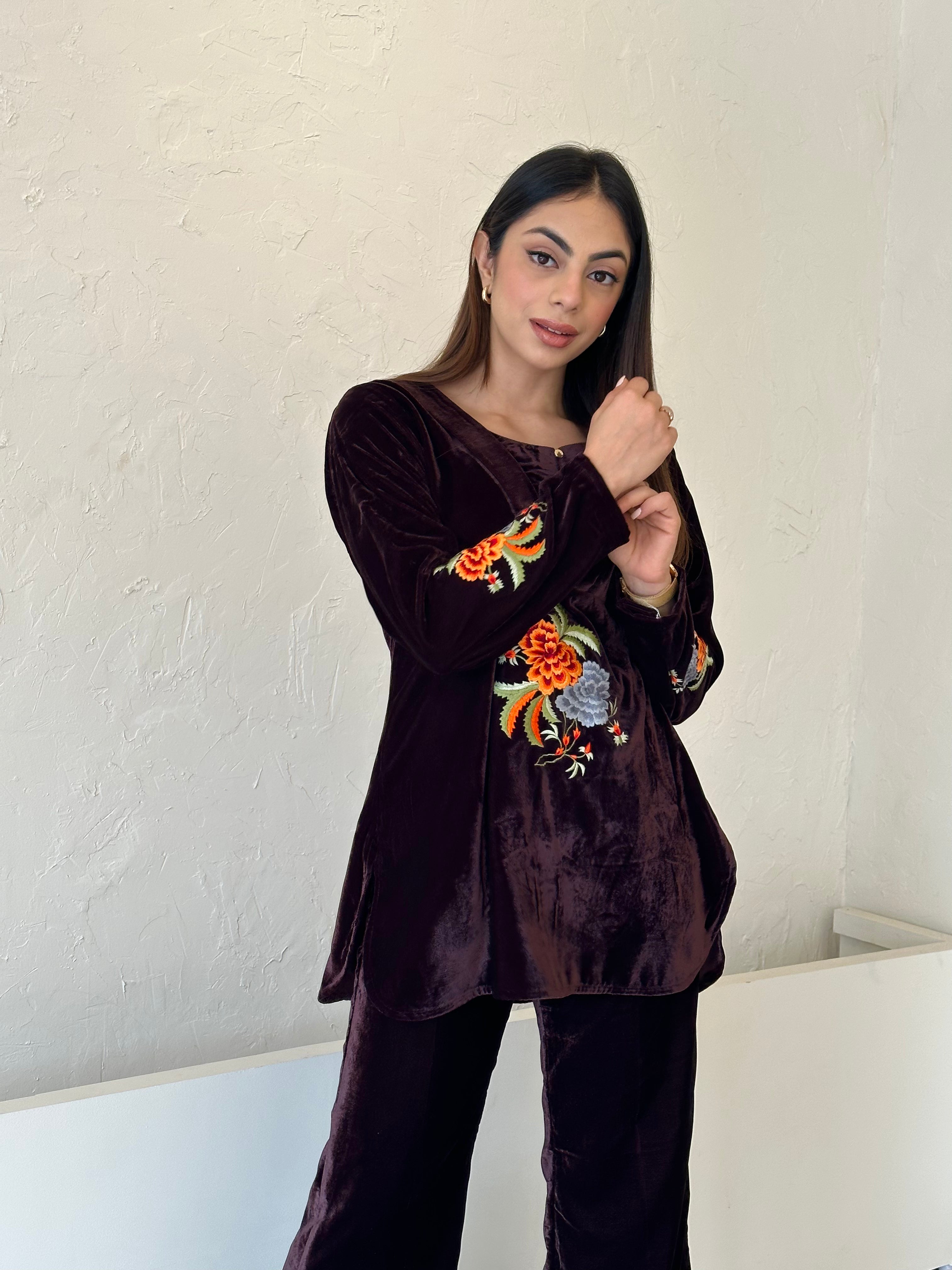 Brown Embroidered Velvet Fusion Set