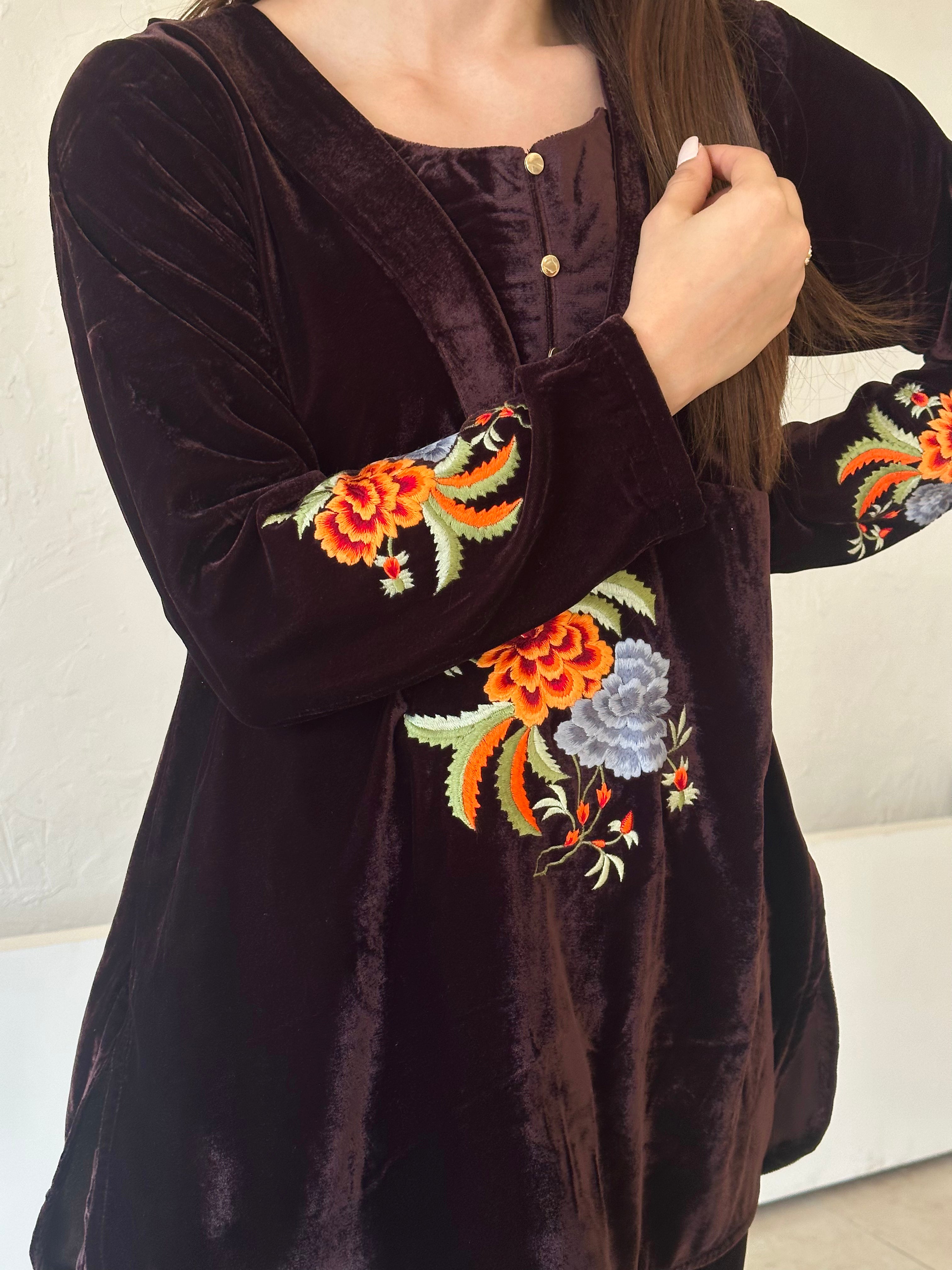 Brown Embroidered Velvet Fusion Set