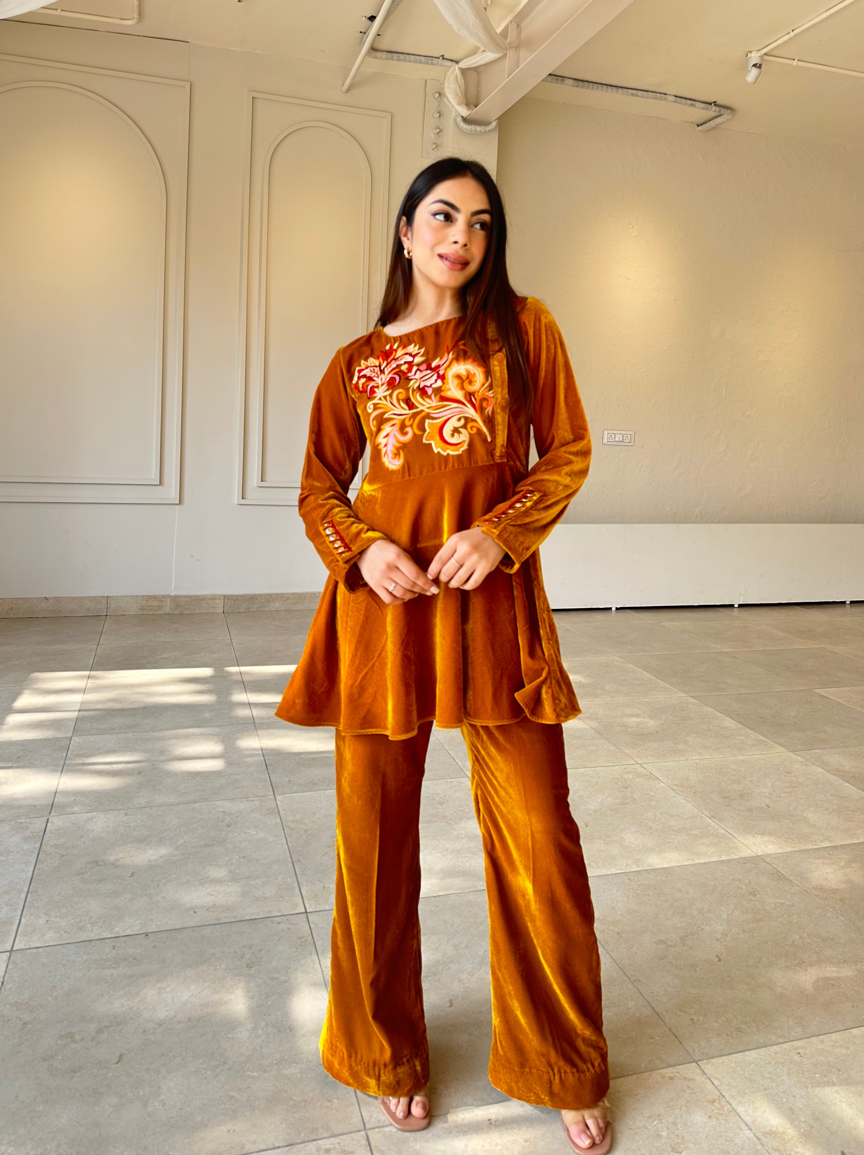 Feriha Mustard Velvet Embroidered Set