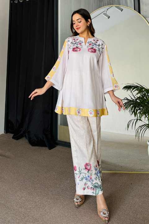 White Yellow Floral Kurta Set