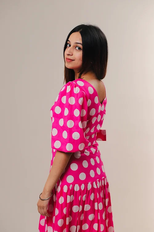 Pink and white polka dots midi dress