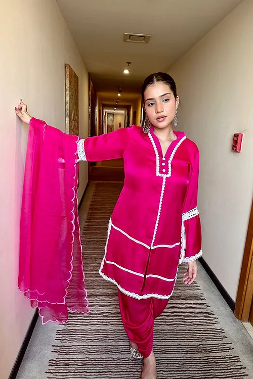 Pink Suit Set With Organza Dupatta