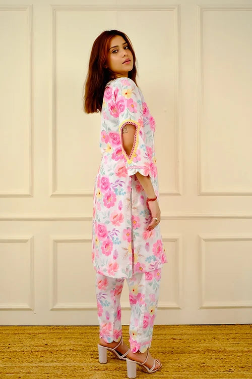 Zeena White Floral Pakistani Kurta Set