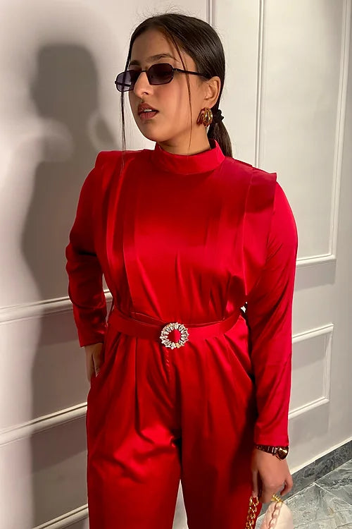 Red Power Satin Jumpsuit