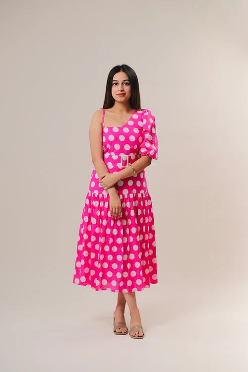 Pink and white polka dots midi dress