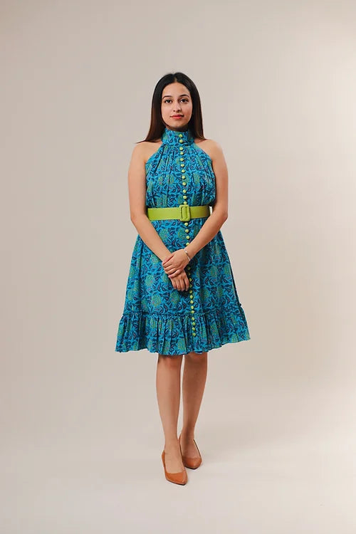 Myra Printed Halter Neck Dress With Belt