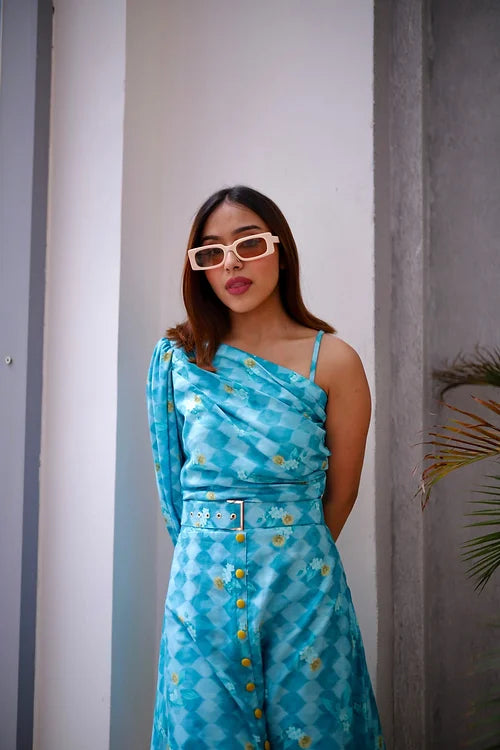 Blooming Blue Midi Dress With Belt