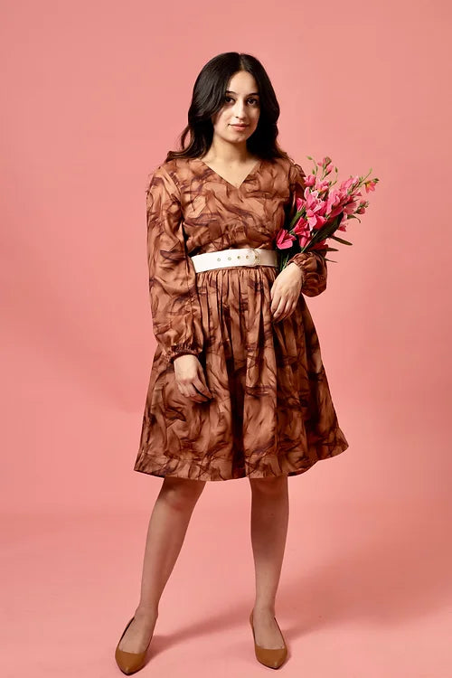Anna Brown Midi Dress With Belt