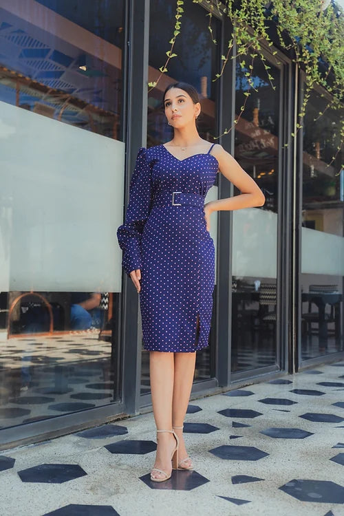 Kim One Sleeve Polka Dots Midi Dress