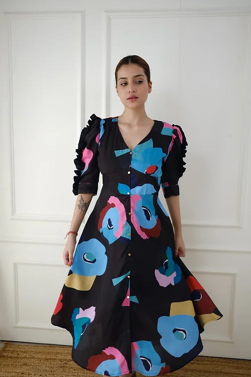 Statement Black Print Dress