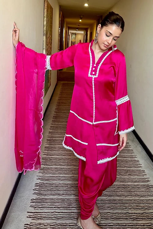 Pink Suit Set With Organza Dupatta