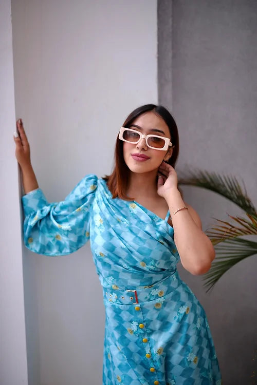 Blooming Blue Midi Dress With Belt