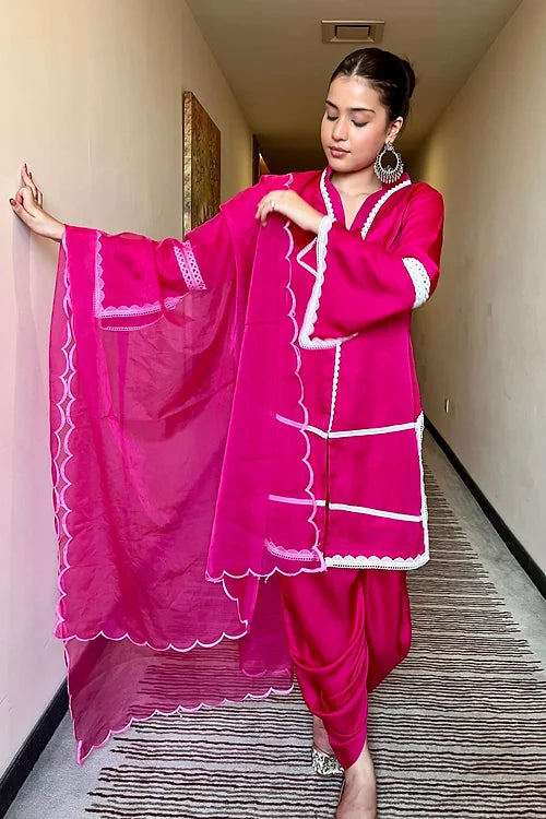 Pink Suit Set With Organza Dupatta