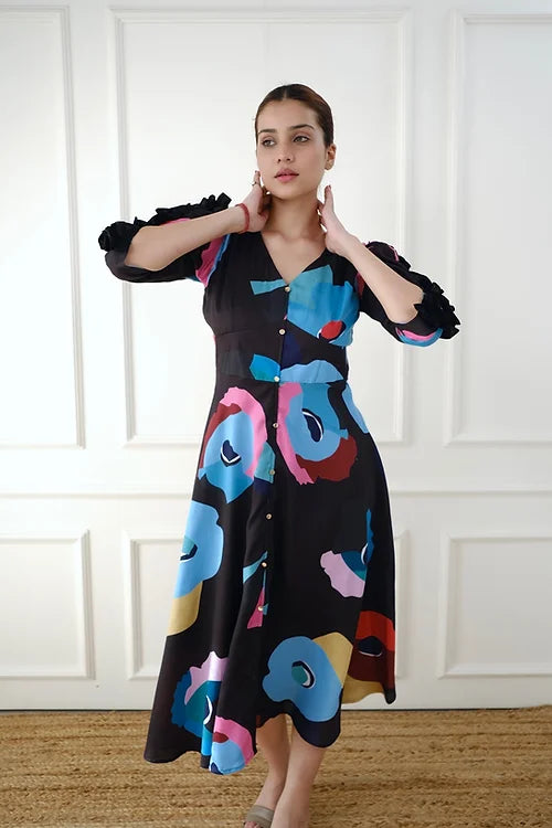 Statement Black Print Dress