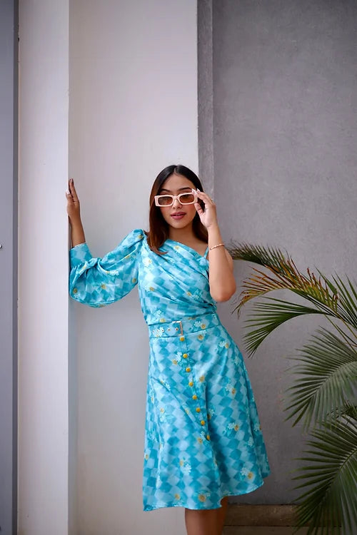 Blooming Blue Midi Dress With Belt