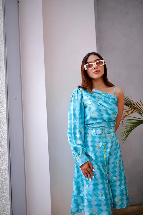 Blooming Blue Midi Dress With Belt