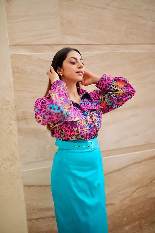 Mel Abstract Print Top With Blue Skirt
