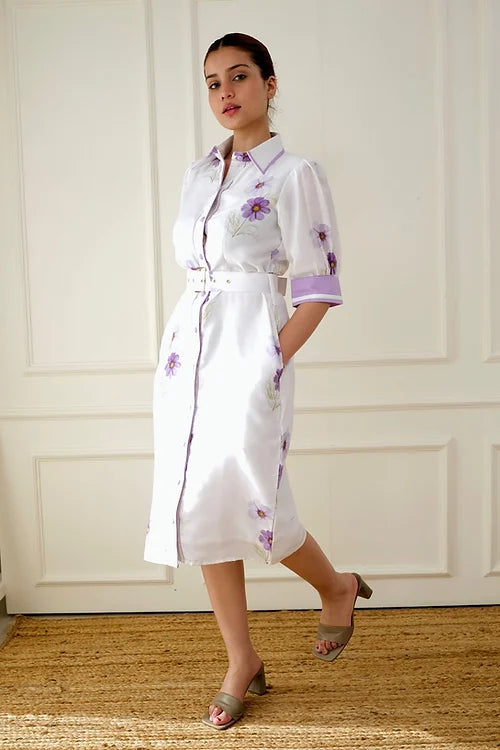 Classy White & Lavender Shirt Dress