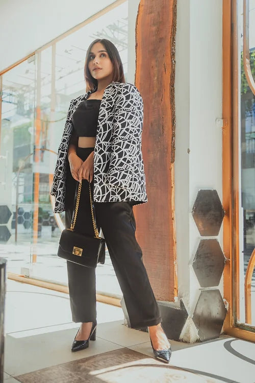 Black Abstract Blazer With Coord Set