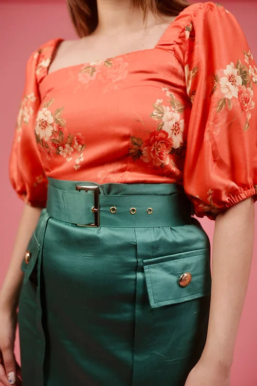 Myra Orange Floral Top With Skirt