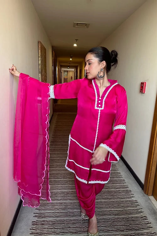 Pink Suit Set With Organza Dupatta