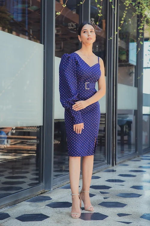 Kim One Sleeve Polka Dots Midi Dress