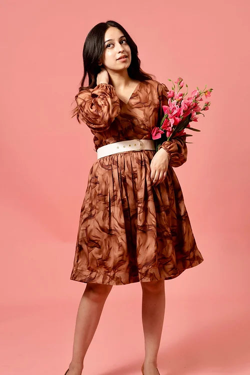 Anna Brown Midi Dress With Belt