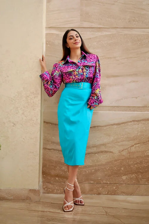 Mel Abstract Print Top With Blue Skirt