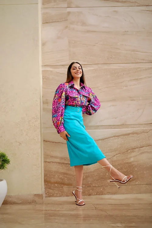 Mel Abstract Print Top With Blue Skirt