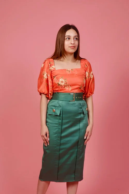 Myra Orange Floral Top with Skirt