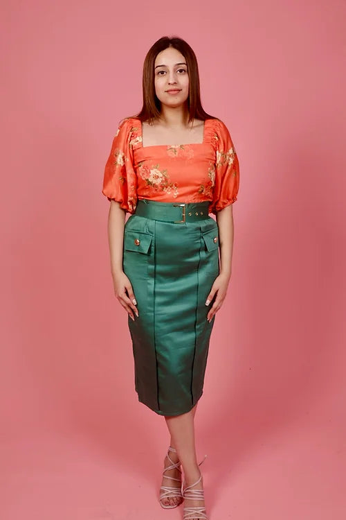 Myra Orange Floral Top With Skirt