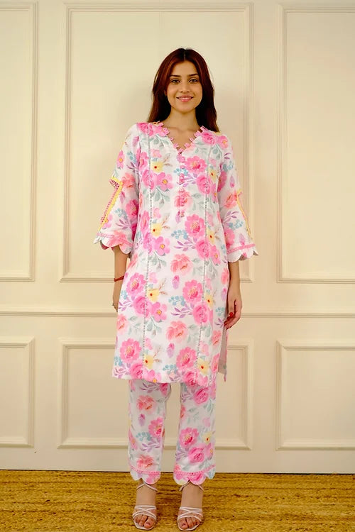 Zeena White Floral Pakistani Kurta Set