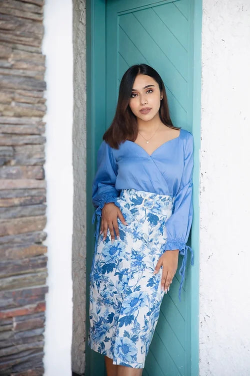 Siera White And Blue Skirt Set