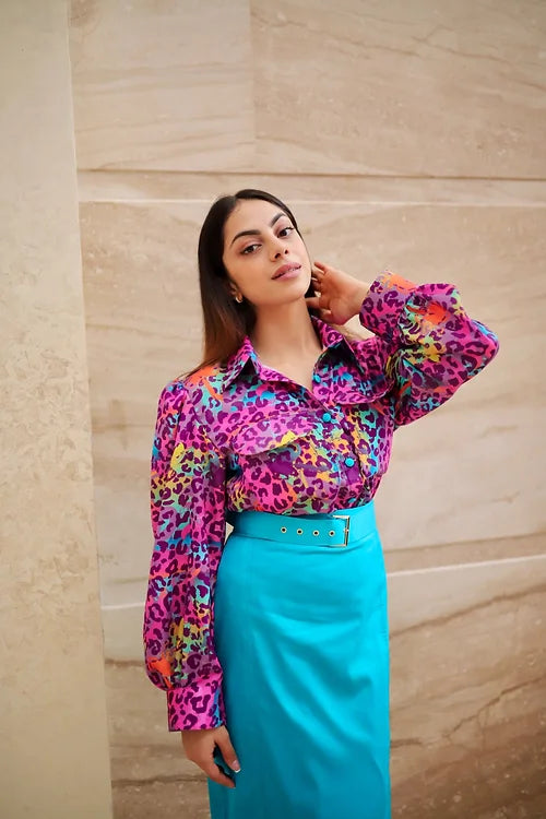 Mel Abstract Print Top With Blue Skirt