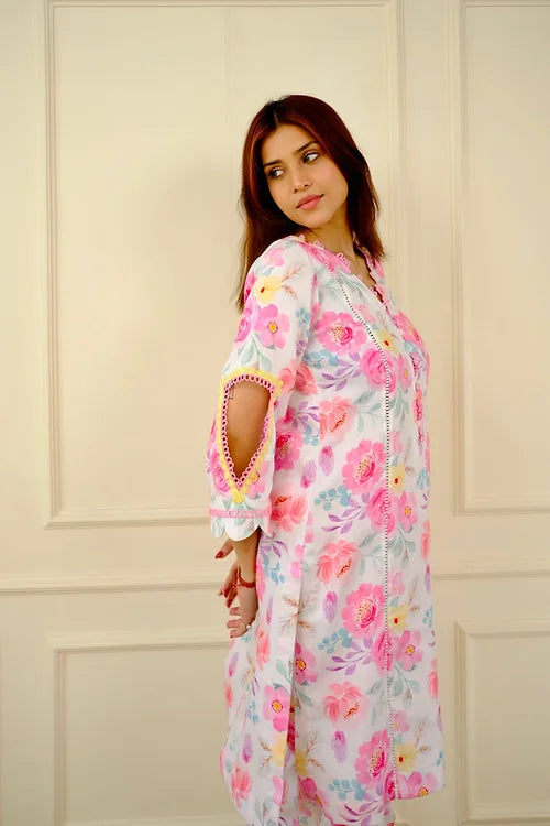Zeena White Floral Pakistani Kurta Set