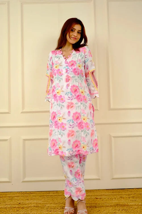 Zeena White Floral Pakistani Kurta Set